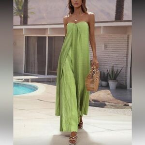 Chic Green Flowy Strapless Top & Wide Leg Pant Set